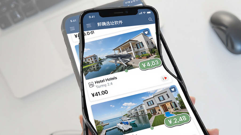 鲸确选址软件界面截图,主体为手机屏幕展示酒店物业列表,布局清晰,排版简洁,风格现代商务,细节包含房源图片与价格标签,画质清晰干净无多余元素