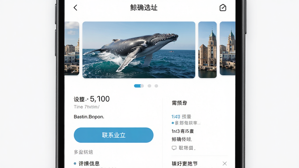 鲸确选址手机应用界面展示图,主体为房源详情页面,布局包含图片轮播与参数列表,排版整齐,风格简约清新,细节有联系业主按钮,画质高清干净无杂乱元素