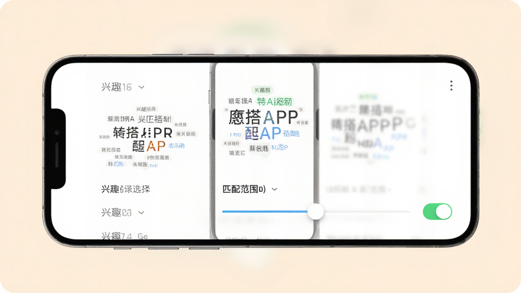 �д�APPƥ�����ý����ͼ��չʾ��Ȥ��ǩѡ����ƥ�䷶Χ���飬�ֻ���Ļ���У�����Ϊ�����ɫ���Ű�������������£�ϸ�ڰ�����ǩ���뿪�ذ�ť�����ʸ��壬�ɾ��޶���Ԫ��