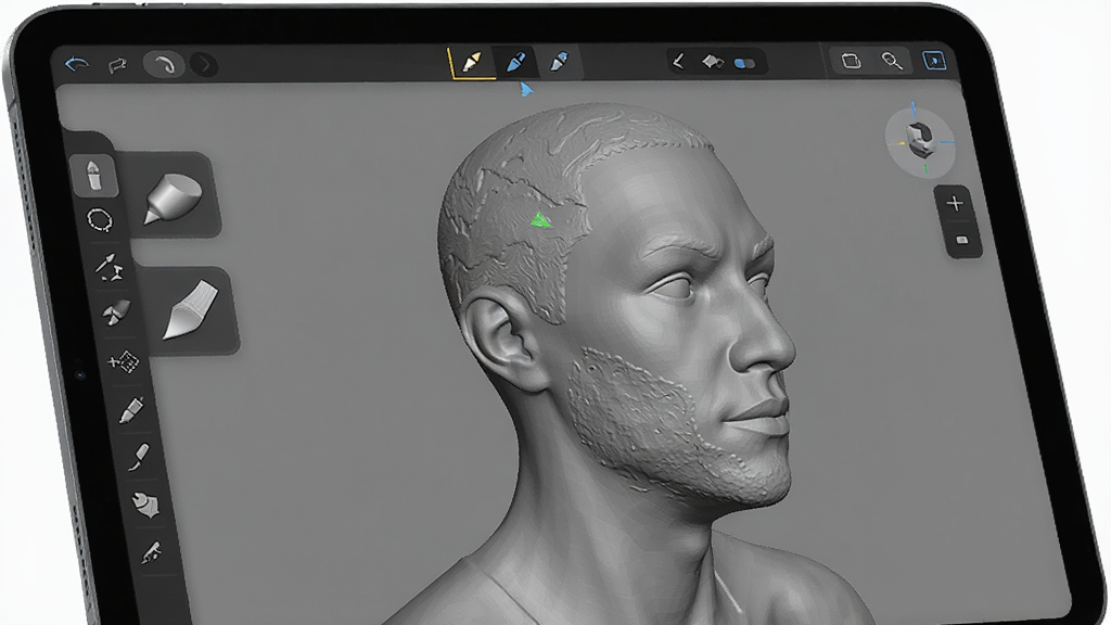 Nomad Sculpt ��������չʾ������Ϊƽ�������Ļ��������ʾ3D����ģ�ͺ͹��������Ű��࣬���Ϊ�Ƽ���Ʒչʾ��ϸ�ڰ�����̱�ˢͼ���ģ�����������ʸ��壬�ɾ����޶���Ԫ��