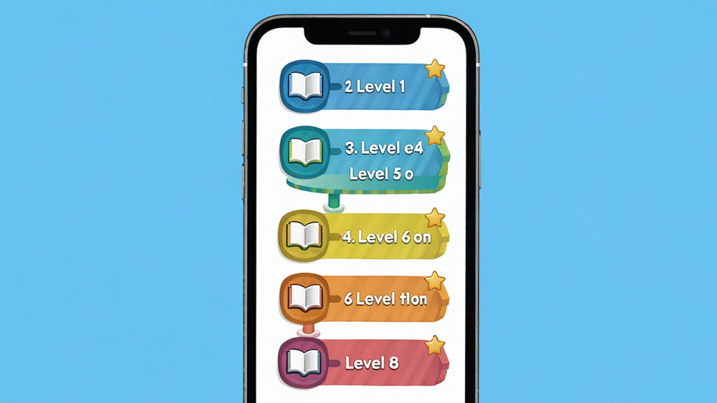 ţ����Ӣ��APP�ּ��Ķ�����չʾ������Ϊ�ֻ���Ļ����ʾLevel 1��Level 8�Ľ���ʽ�����������ֲ����������У��Ű�����չʾ�˸�����ͼ�������ƣ����Ϊ��ͨ�����磬ϸ�ڰ�����ɫ̨�ס��鱾ͼ�ꡢ���ǽ�����ǣ����ʸ���ɾ��޶���Ԫ��