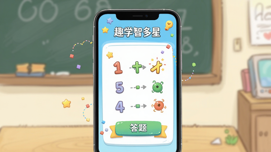 趣学智多星 数学挑战界面 主体为手机屏幕显示算术才子答题页面 布局居中 排版简洁 风格卡通清新 细节有数字和图形元素 画质高清 干净 无多余元素