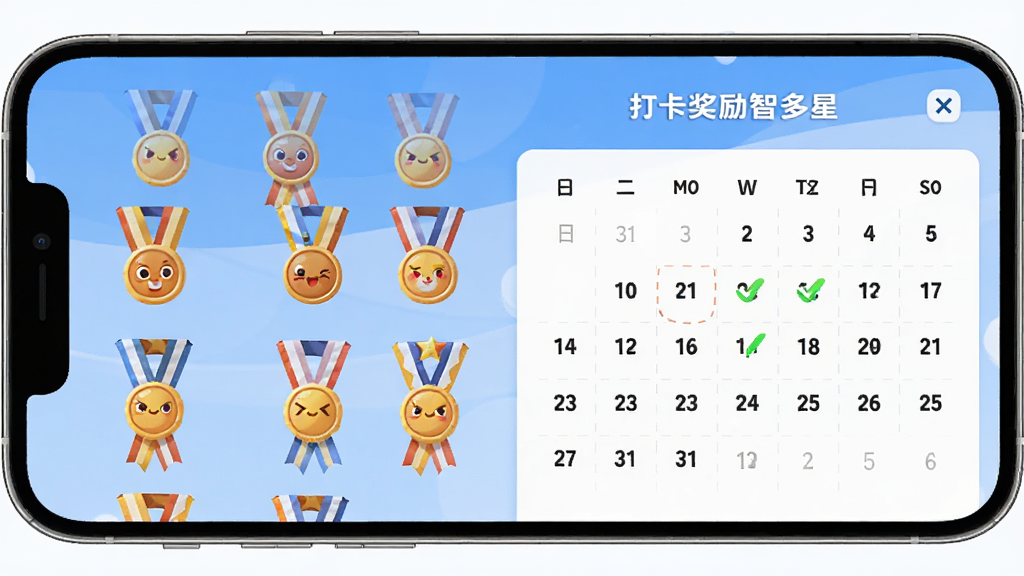 趣学智多星 打卡奖励页面 主体为手机屏幕显示勋章墙和打卡日历 布局上下结构 排版清晰 风格明亮活泼 细节有勋章图标和打卡标记 画质高清 干净 无多余元素