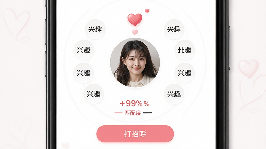 乡亲软件匹配页面,主体为手机屏幕显示匹配成功界面,布局为中心圆形头像与周围兴趣标签环绕,排版对称美观,风格为清新浪漫的社交应用风格,细节包含爱心动画、匹配度百分比、打招呼按钮,画质高清,干净,无多余元素