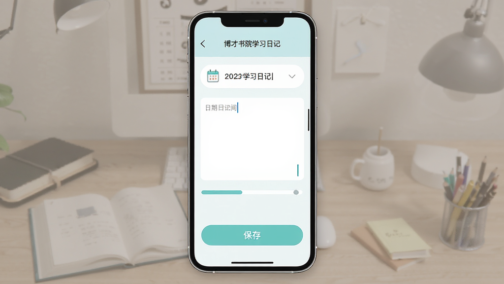 ������Ժѧϰ�ռǹ��ܽ��棬����Ϊ�ֻ���Ļ��ʾ�ռǱ༭ҳ�棬����Ϊ�����ֻ�չʾ���Ű��������ѡ����������򡢱��水ť�����Ϊ����ǳɫϵ��ƽ��ƣ�ϸ�ڰ�������ͼ�ꡢ�����ꡢ�����������ʸ���ɾ��޶���Ԫ��