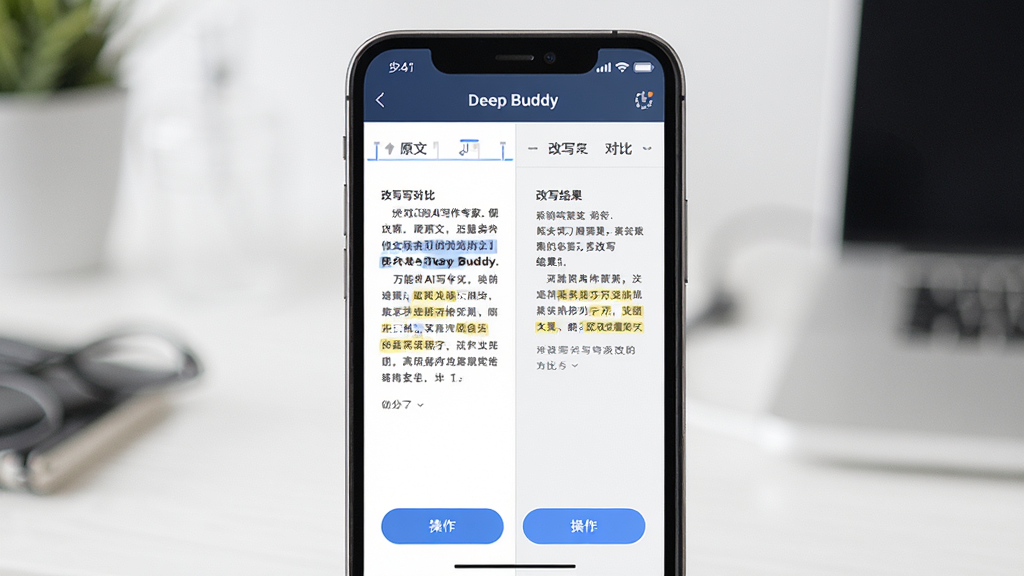 ����AIд��ר��Deep Buddy���¸�д���棬����Ϊ�ֻ���Ļչʾ�ı��༭���д�Աȣ�����Ϊ���ҷ�����ʾԭ�����д������Ű����������Ϊ��Լ����ϸ�ڰ��������޸ı�ǺͲ�����ť�����ʸ��壬�ɾ����޶���Ԫ��