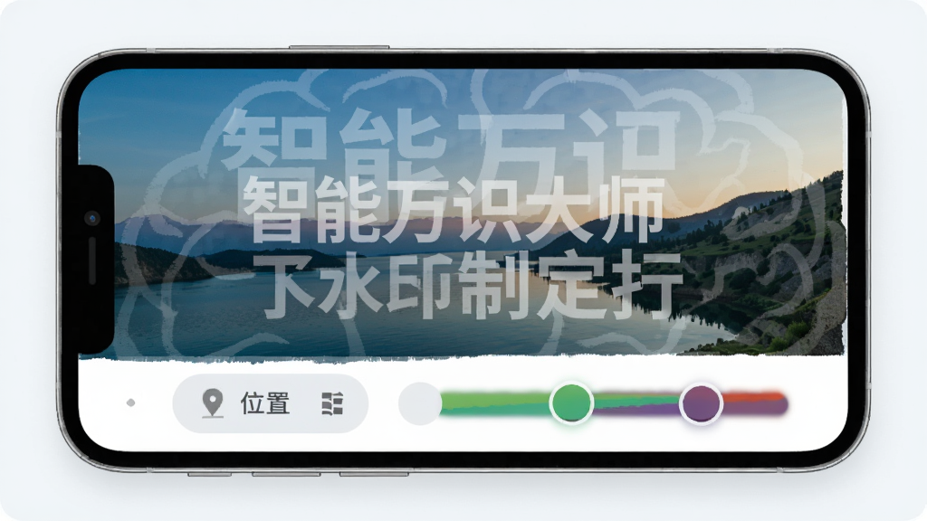 ������ʶ��ʦˮӡ���ƹ��ܽ��棬�ֻ���Ļ��ʾһ�ŷ羰��Ƭ����Ƭ�ϵ����˰�͸������ˮӡ���·���λ��ѡ��ť����ɫ���ڻ��飬�������࣬ǳɫ��������ƽ����ƣ������������ɾ��޶���Ԫ��
