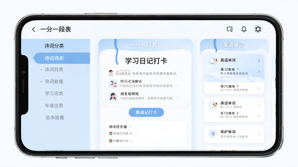 �������ơ�һ��һ�α��������棬��������չʾѧϰ�ռǴ�ҳ�棬���Ϊʫ�ʷ��ർ�������Ҳ�ΪӢ�ﵥ�ʿ�Ƭ��������������ƽ��UI��񣬵���ɫ���ɫΪ��ɫ��������ɾ����࣬�ֻ���ĻչʾЧ�������廭�ʣ��޶���Ԫ��