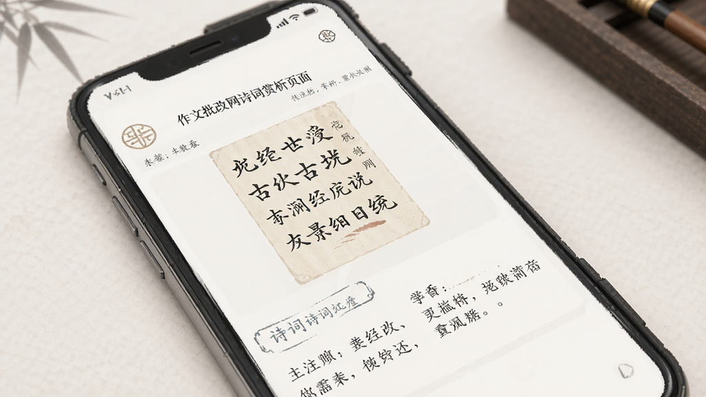 ����������ʫ������ҳ�棬����Ϊ�ֻ���Ļչʾ��ʫ�ʺ��������֣��������½ṹ���Ű����ʣ����ŵ����£�ϸ�ڰ���ʫ��ԭ�ĺ�ע�ͣ����ʸɾ��޶���Ԫ��