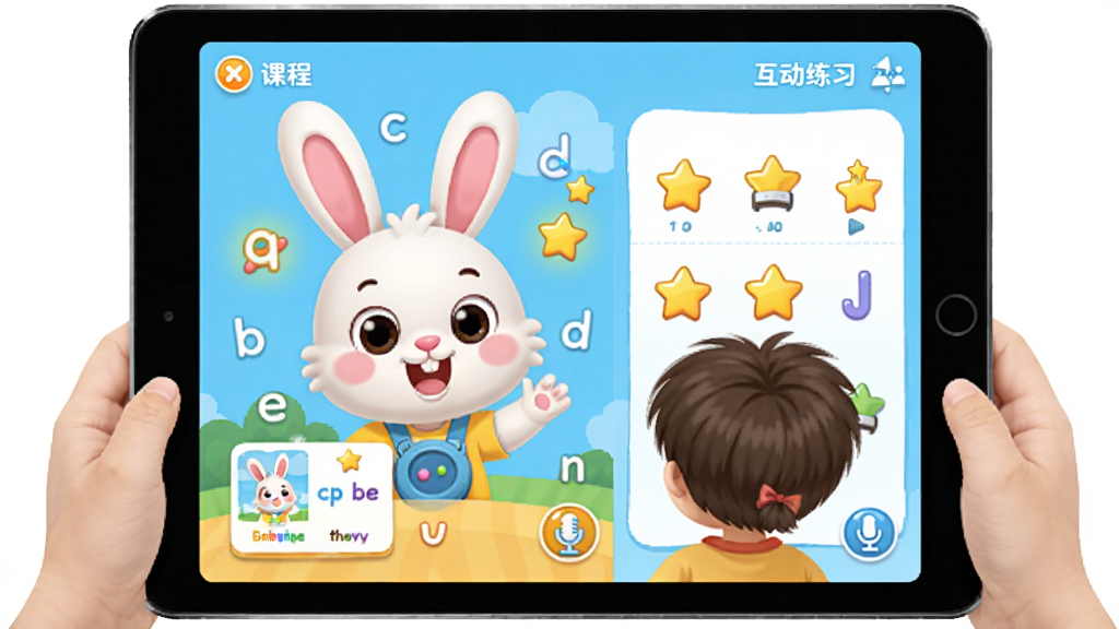 �ɳ�����������չʾ������Ϊ��ͨ�������ͯ��ƽ��ǰѧϰӢ�����Ϊ���γ̿�Ƭ�Ҳ໥����ϰ���Ű�������������ͯȤ��ϸ�ڰ���Ӣ����ĸ�����ǽ�������˷�ͼ�꣬���ʸ���ɾ��޶���Ԫ��