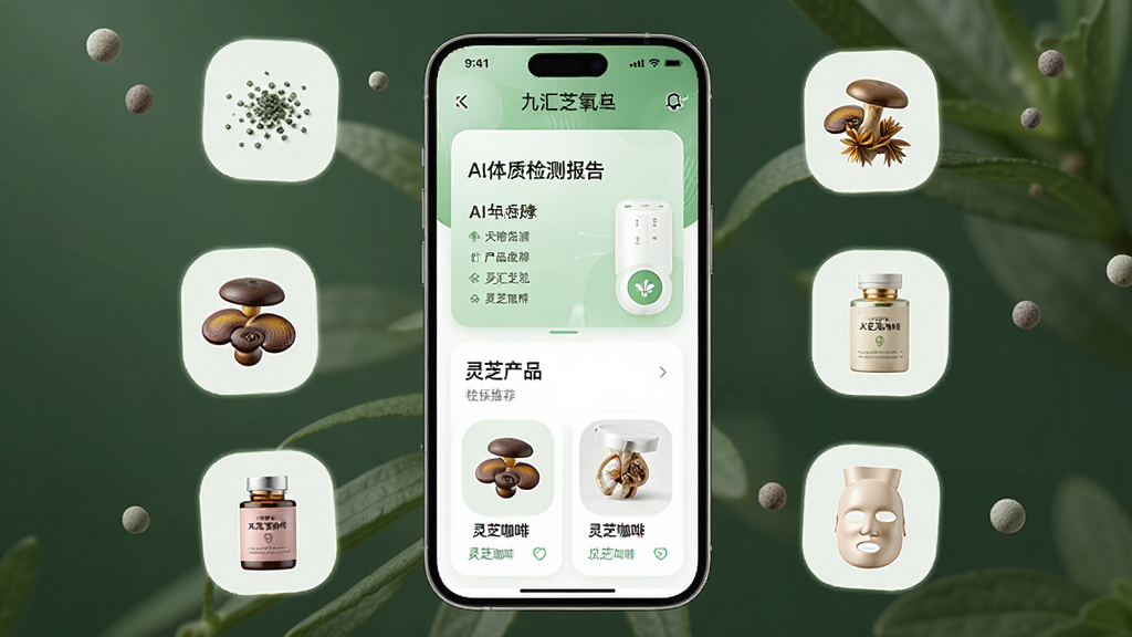 �Ż�֥��App����չʾ������Ϊ�ֻ���Ļ����ʾAI���ʼ�ⱨ�����֥��Ʒ�Ƽ��б�������Ϊ�����ֻ���������Χ�������ӷۡ���֥���ȡ���Ĥ��Ʒͼ�꣬�Ű������������Ϊ�ִ��Ƽ������磬ϸ�ڰ�����͵���ɫ���ɫ��ɫ����Բ�ǿ�Ƭ��ơ����������ֱ�ǩ�����ʸ��壬�ɾ����޶���Ԫ��