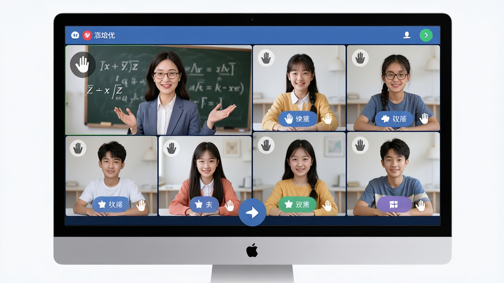 派培优直播课堂场景图,主体为老师与8-12名学生在线互动,布局为电脑屏幕分格展示,排版清晰,风格现代在线教育风,细节包含数学公式、举手图标与互动按钮,画质高清,干净,无多余元素
