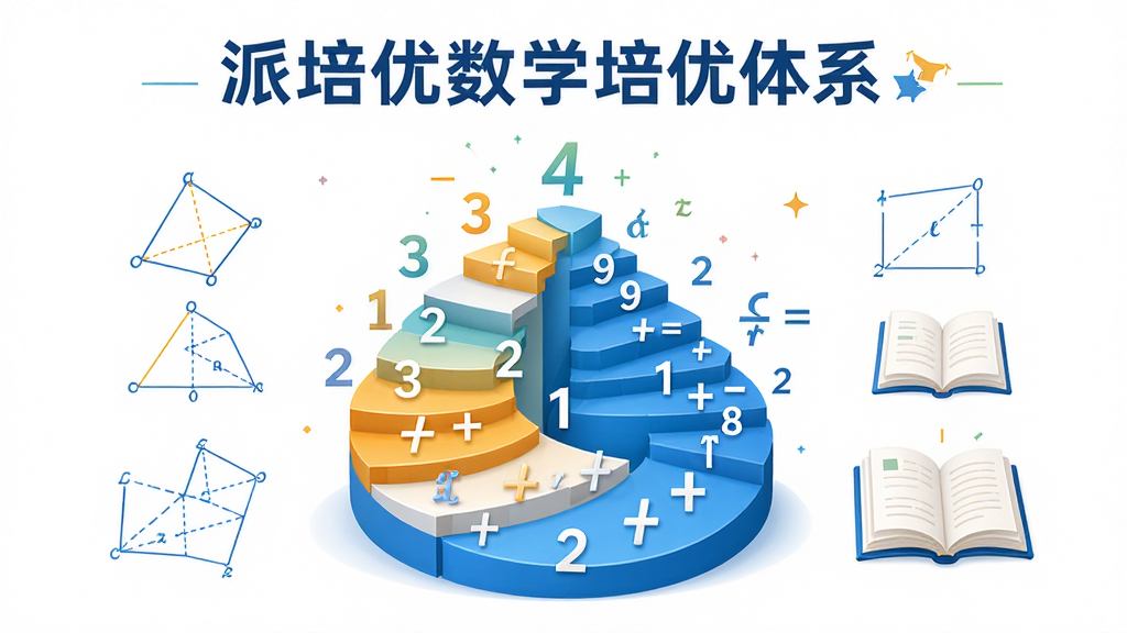 派培优数学培优体系展示图,主体为螺旋上升的12阶阶梯与数学符号,布局居中,排版简洁,风格清新教育风,细节包含数字、几何图形与课本元素,画质高清,干净,无多余元素