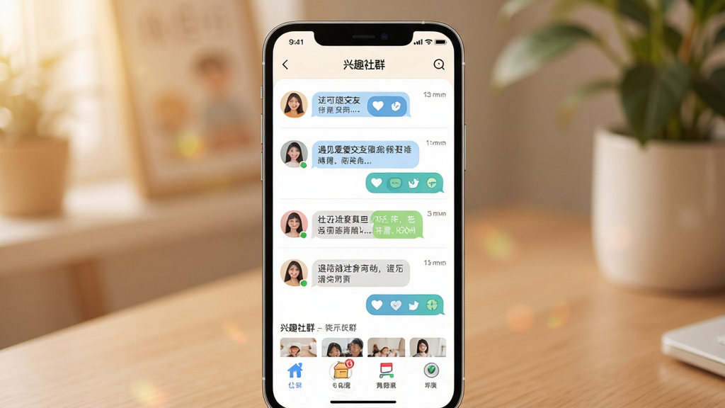 ������������������չʾ������Ϊ�ֻ���Ļ����ʾ�罻�����б�����Ȥ��Ⱥҳ�棬���־��У��Ű������������ů���£�ϸ�ڰ���ͷ����Ϣ���ݡ���Ⱥͼ�꣬���ʸ��壬�ɾ����޶���Ԫ��