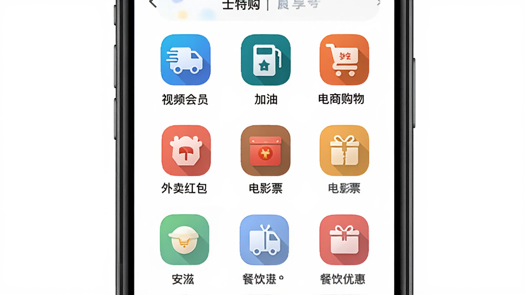 全球购骑士特权APP首页展示各种尊享特权图标,包括视频会员、加油、电商购物、外卖红包、电影票、餐饮优惠等,主体为手机屏幕界面,布局采用居中展示,排版清晰有序,风格为现代扁平化设计,细节包含彩色图标和文字说明,画质高清,干净,无多余元素