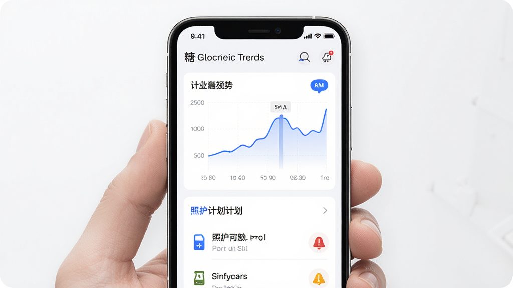 与糖软件界面展示,手机屏幕显示血糖趋势图和照护计划列表,主体居中,布局简洁,排版清晰,风格现代医疗健康,细节包括蓝色数据曲线和提醒图标,画质高清,干净,无多余元素