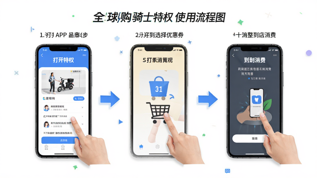 全球购骑士特权使用流程图,展示从打开APP到选择优惠券再到到店消费的完整步骤,主体为手机操作界面和用户手势,布局采用分步展示,风格为简洁明快,细节包含箭头指引和文字标注,画质高清,干净,无多余元素