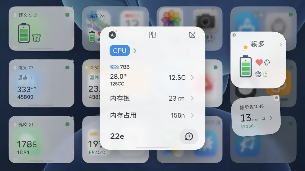 CPU�豸��Ϣ����չʾͼ������Ϊ�ֻ�������������С����������Ϊ���С�������У��Ű����룬����Լ���£�ϸ�ڰ���CPU�¶ȡ��ڴ�ռ�ú͵��ͼ�꣬���ʸ���ɾ��޶���Ԫ��