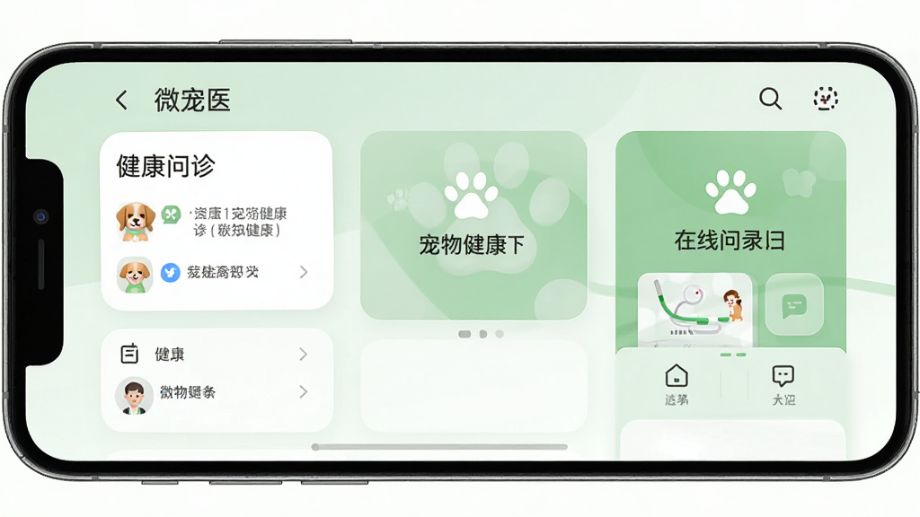 微宠医软件主界面截图,手机屏幕显示宠物健康档案与在线问诊入口,简洁卡片式布局,浅绿色调,干净清爽,无多余元素,高清画质