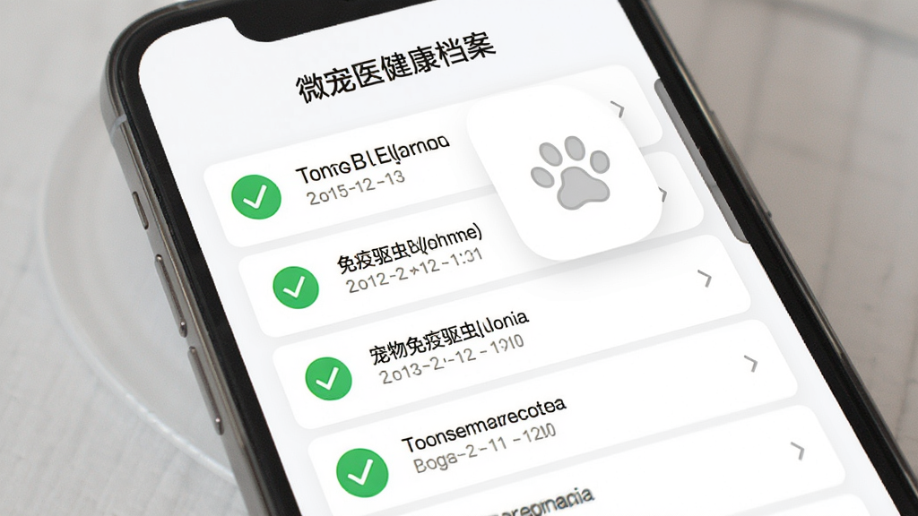 微宠医健康档案页面,手机屏幕显示宠物免疫驱虫时间轴记录,绿色对勾图标,简洁列表排版,白色背景,干净无杂乱,高清画质
