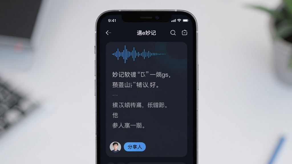 Meet妙记 软件界面 主体为手机屏幕显示实时转写文字 布局居中 排版简洁 风格现代科技感 细节包含声波图标和发言人标签 画质清晰 干净 无多余元素