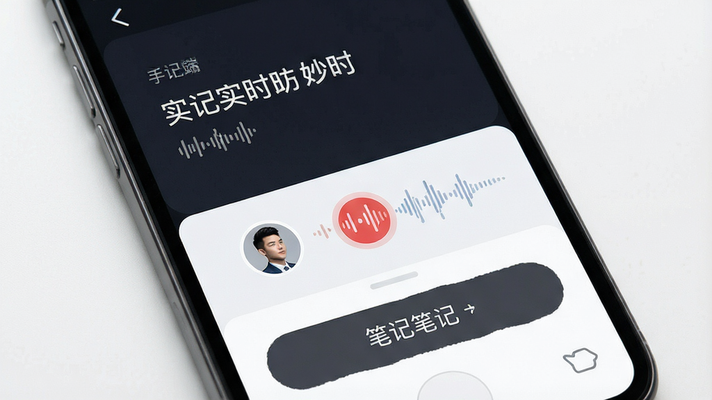 Meet妙记 手机端 主体为录音界面 布局上方显示实时文字下方有笔记按钮 排版清晰 风格简约商务 细节包含发言人头像和声波动画 画质高清 干净 无多余元素