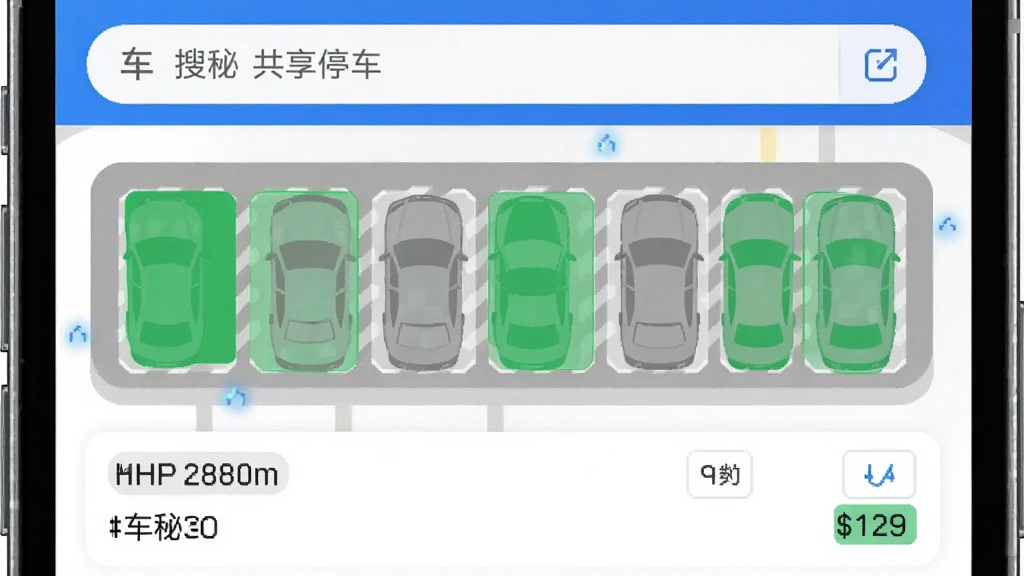 ����APP����ͣ�����ܽ��棬������չʾһ��ͣ��������ͼ�����г�λ����ɫ��ע����ռ�ó�λ�û�ɫ��ע������Ϊ�ֻ���Ļ��д���������½ṹ���Ϸ�Ϊ�������·�Ϊ��λ�б������Ϊ�ִ���Լ�Ƽ��磬ϸ�ڰ������ƺźͼ۸��ǩ�����ʸ��壬�ɾ����޶���Ԫ��