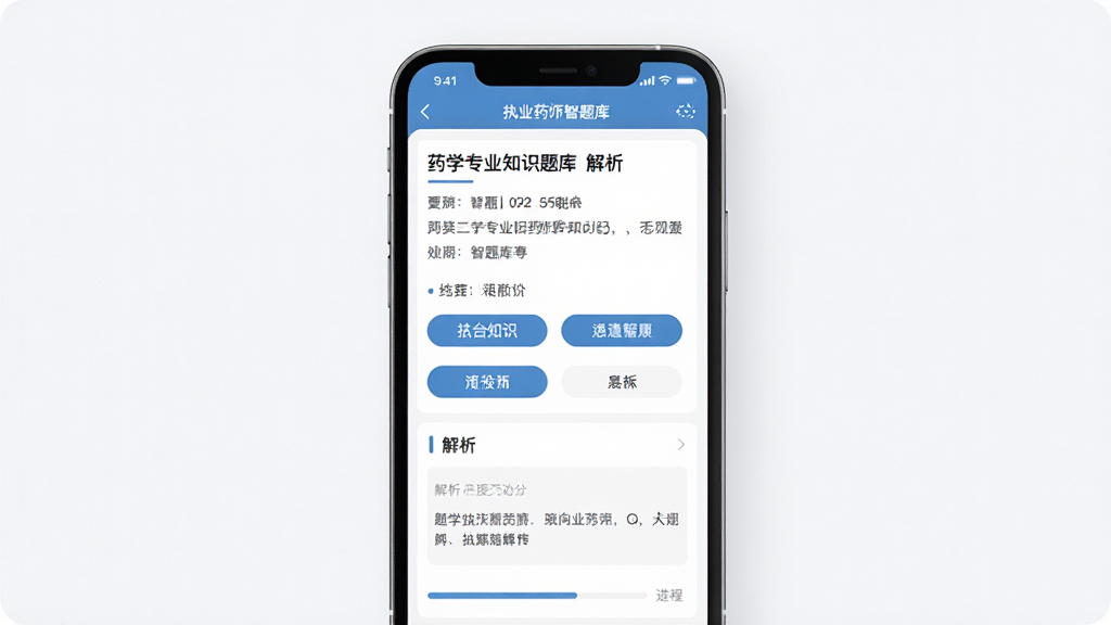 ִҵҩʦ������ֻ�APP����չʾ������Ϊ�ֻ���Ļ����ʾҩѧרҵ֪ʶ��������ҳ�棬����Ϊ���з����ֻ������������ɾ���࣬���Ϊ�ִ�������APPչʾ���ϸ�ڰ�����Ŀ���֡�ѡ�ť���������򡢽����������ʸ��壬�ɾ����޶���Ԫ��