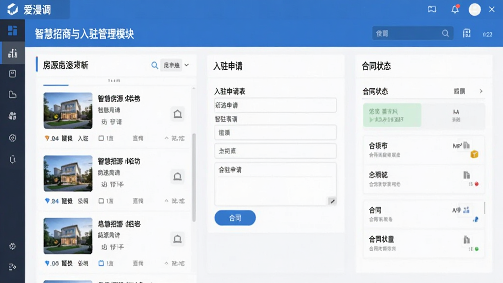 爱漫调软件界面截图,展示智慧招商与入驻管理模块,包含房源列表、入驻申请表单与合同状态看板,布局清晰,商务蓝色调,扁平化设计风格,画质干净,无多余元素