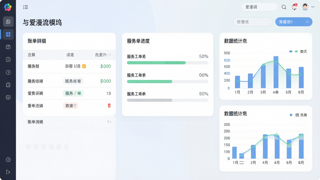 爱漫调软件界面截图,展示财务结算与服务流转模块,包含账单明细、服务工单进度条与数据统计图表,柔和浅色背景,卡片式布局,现代简约风格,画质干净,无多余元素