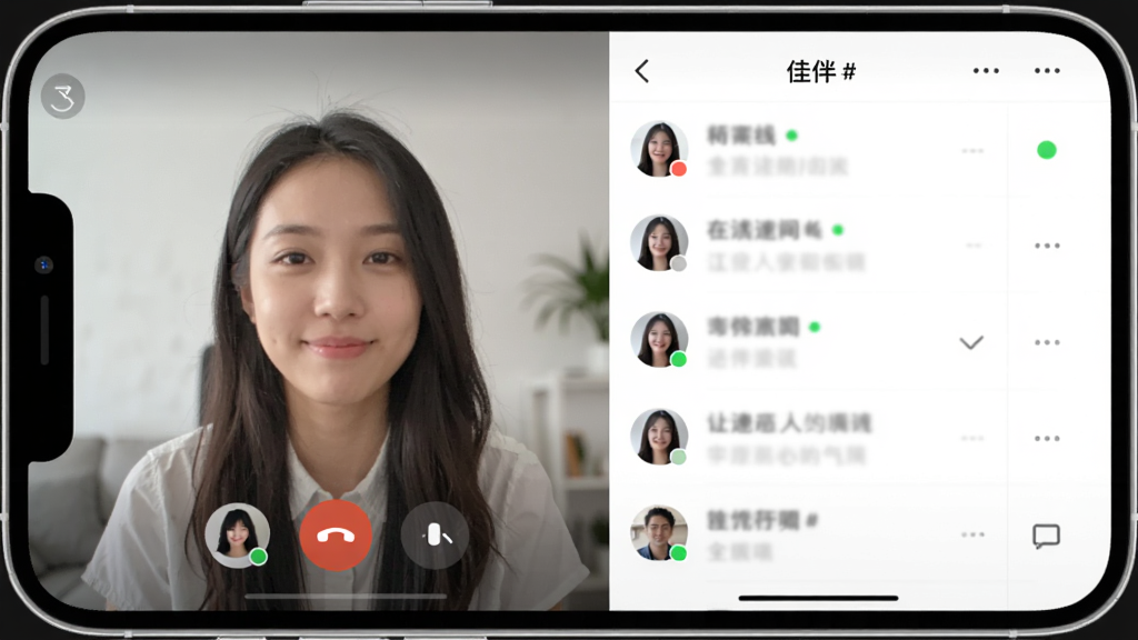 �Ѱ�APP����չʾ������Ϊ�ֻ���Ļ����ʾ������Ƶ���仭�棬���ֲ������ҷ��������Ϊ��Ƶͨ�������Ҳ�Ϊ�����б����Ű�������������ִ��罻Ӧ�ã�ϸ�ڰ����û�ͷ������״̬Բ�㡢��Ƶ�Ҷϰ�ť�����ʸ���ɾ��޶���Ԫ��