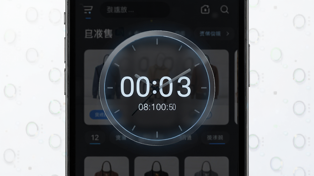 闹钟时钟悬浮时钟功能界面,手机屏幕中央悬浮一个圆形数字时钟,背景为深色购物页面,时钟显示倒计时秒数,整体风格简洁科技感,画面干净无多余元素,高清画质