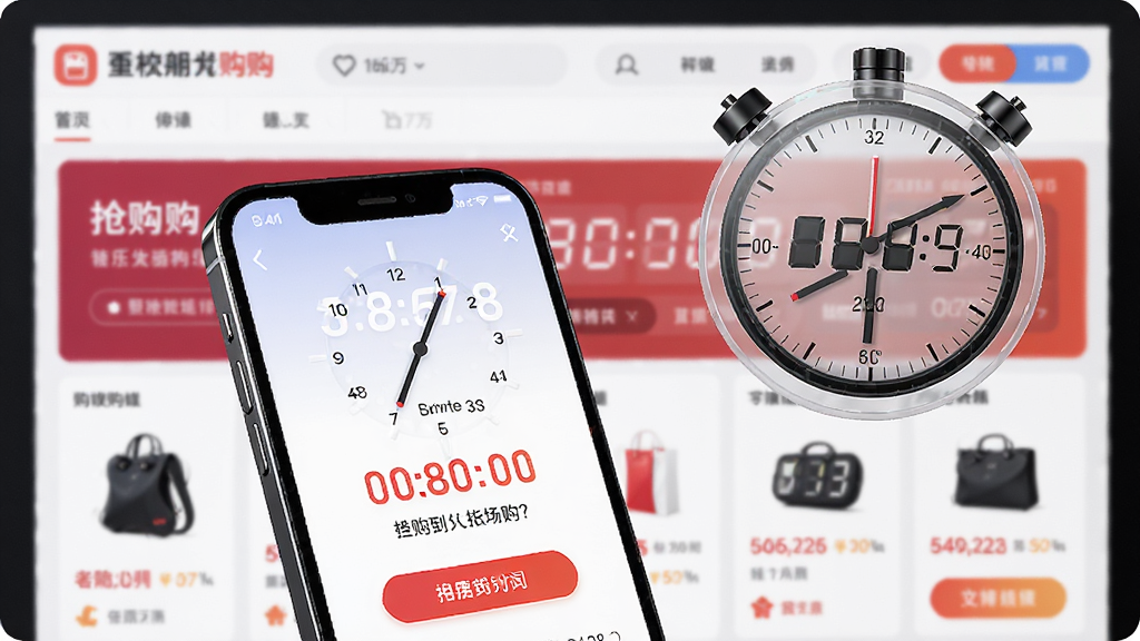 闹钟时钟悬浮秒表抢购场景,手机屏幕显示购物倒计时页面,右上角悬浮一个半透明秒表窗口,显示毫秒数字,背景为电商平台抢购界面,画面干净,科技感强,高清画质