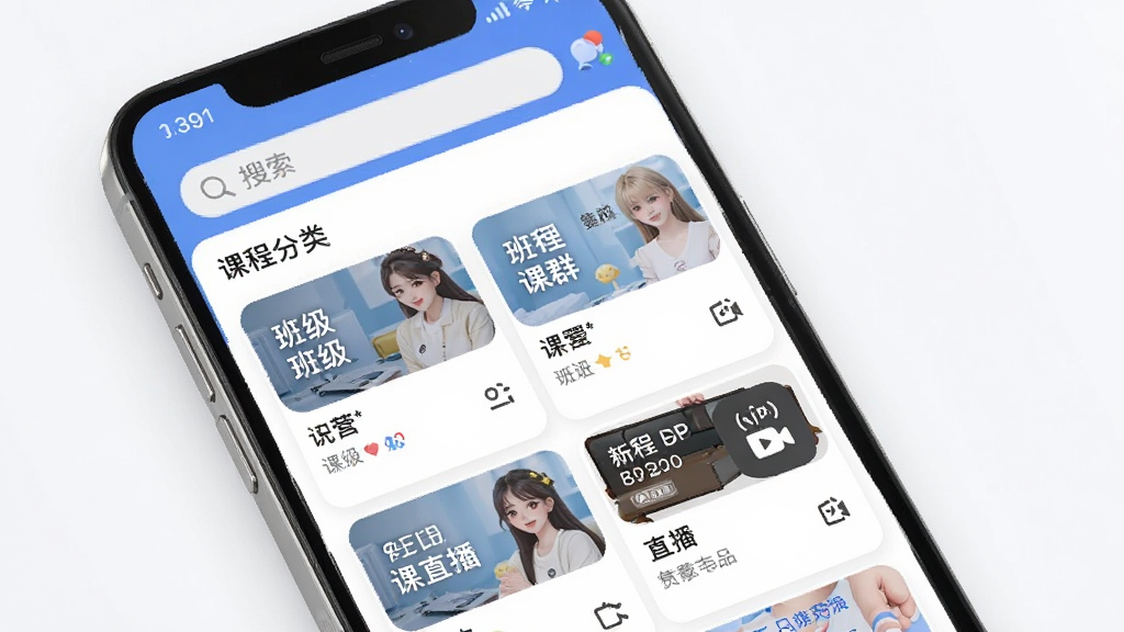 ��Ҽ��APP��ҳ�γ��б����棬����Ϊ�ֻ���Ļչʾ�γ̷��࣬����Ϊ�������������·���Ƭʽ�γ��Ƽ����Ű����������������������ϸ�ڰ����༶����Ⱥ��ֱ�����ͼ�꣬���ʸ���ɾ��޶���Ԫ��