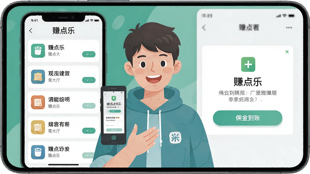 手机屏幕显示赚点乐应用界面,主体为一位年轻人微笑着推荐朋友使用手机,布局为左右分栏,左侧展示赚点乐需求大厅列表,右侧展示佣金到账通知,排版简洁清晰,风格为扁平化插画,细节包括图标、按钮、文字“赚点乐”,画质高清,干净,无多余元素