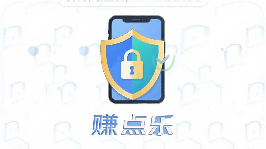 赚点乐应用安全认证界面,主体为盾牌图标与手机结合,布局居中,排版对称,风格为科技感扁平风,细节包括“赚点乐”文字、安全锁、对勾标识,画质清晰,干净,无多余元素