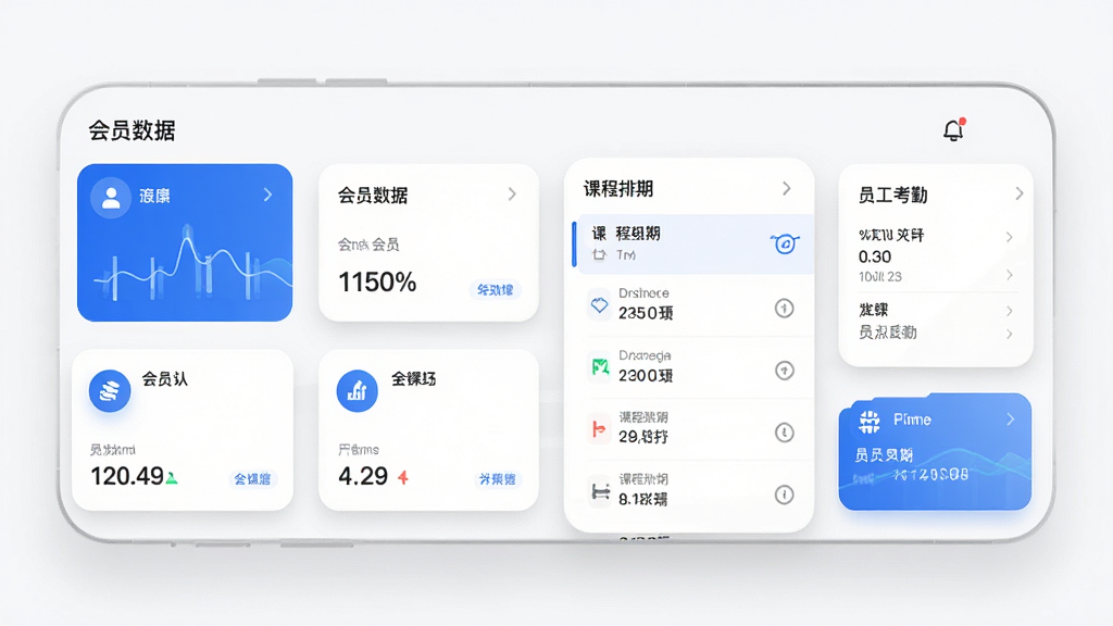 一年四季管理端手机界面,主体为健身房门店管理APP仪表盘,布局包含会员数据卡片、课程排期列表与员工考勤入口,排版整齐,风格为现代简约商务风,细节有蓝色主色调图标、白色卡片阴影、干净背景,画质高清,干净,无多余元素