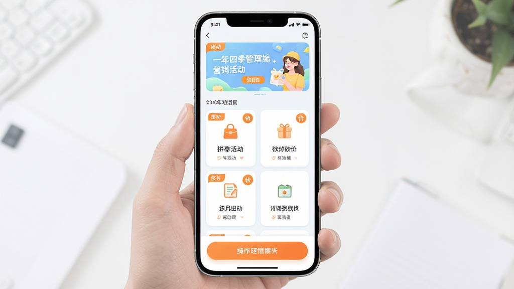 一年四季管理端营销插件页面,主体为手机屏幕展示拼团活动与砍价海报,布局为顶部活动横幅、中部插件卡片列表、底部操作按钮,排版清晰,风格为清新浅色系,细节有橙色促销标签、圆角卡片、简洁图标,画质高清,干净,无多余元素