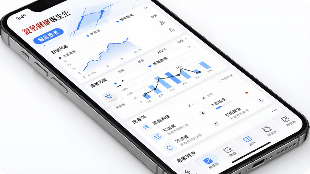 复星健康医生端 智能患者管理界面 数据图表 患者列表 手机屏幕 白色背景 蓝色点缀 布局规整 排版清晰 风格科技感 细节精致 画质高清 干净 无多余元素