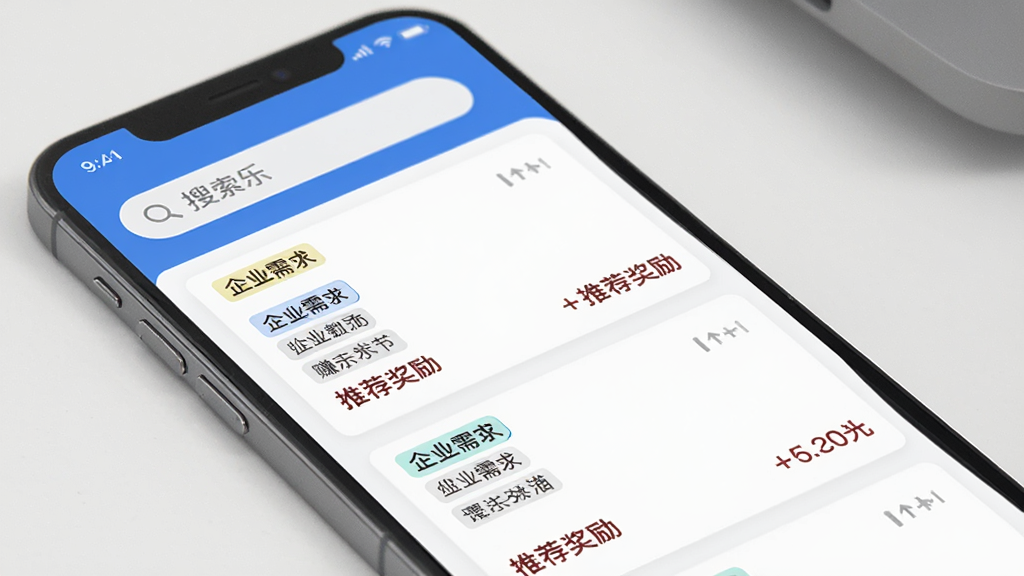 赚点乐 应用界面展示图,主体为手机屏幕显示赚点乐APP首页,布局为顶部搜索栏与下方需求卡片列表,排版简洁清晰,风格为现代商务扁平化,细节包括企业需求标签与推荐奖励金额,画质高清干净无多余元素