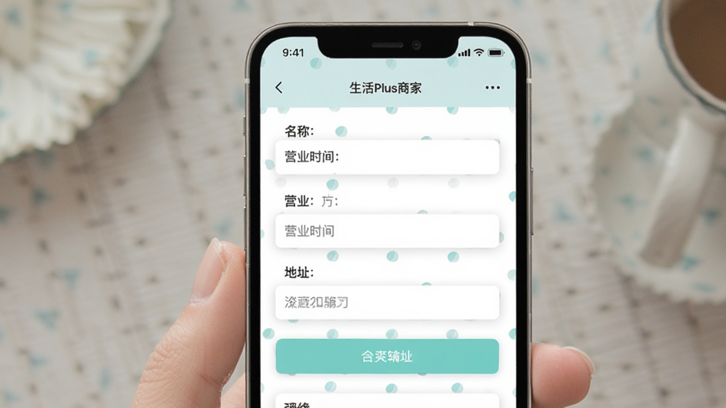生活Plus商家店铺信息编辑页面,手机界面展示店铺名称、营业时间、地址等输入框,清新浅色风格,布局整齐,高清画质,无杂乱元素