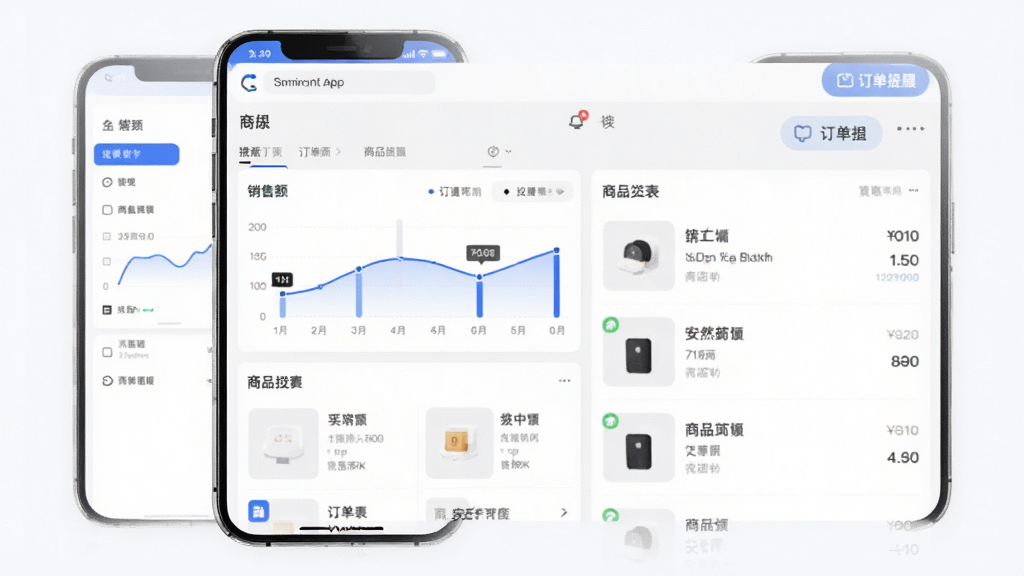 ��Ȼ�̳�App���̹�����̨���棬�ֻ���Ļչʾ���ݿ�������Ʒ�б����������۶�ͼ������������ͼ�꣬������ü�Լ������������ɫ�������������ɾ�������Ԫ�أ����廭��