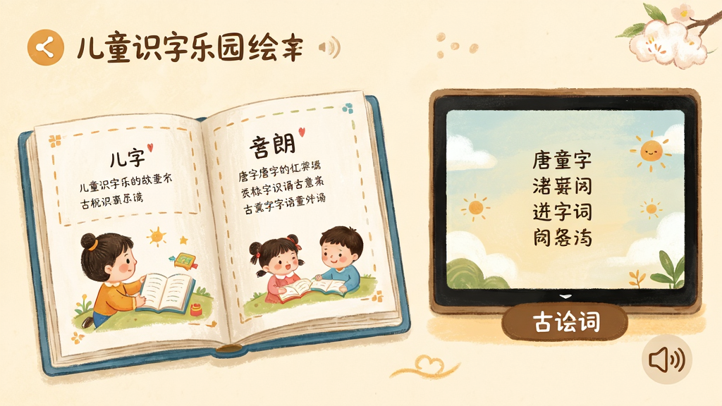 ��ͯʶ����԰�汾�������ʫ�ʽ��棬����Ϊ��ҳ�汾����ʫ���л��棬����Ϊͼ�Ľ�ϣ��Ű����ʣ����Ϊ��ܰ�ֻ棬ϸ�ڰ�����ʫ�������ʶ�ͼ�꣬����ϸ�壬�ɾ����޶���Ԫ��