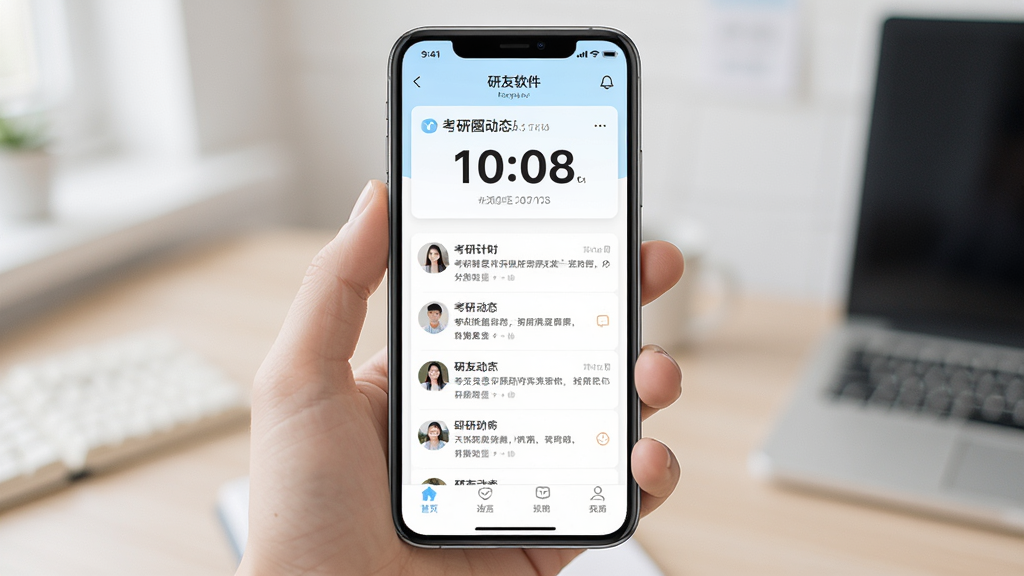 研友软件界面,主体为手机屏幕显示考研倒计时和研友圈动态,布局为居中展示,排版清晰,风格简约清新,细节包含倒计时数字、动态列表和底部导航栏,画质高清,干净,无多余元素