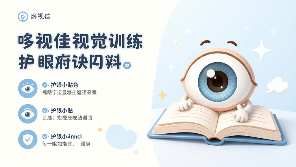 哆视佳视觉训练护眼知识科普页面,主体为卡通眼睛与书本,布局左文右图,排版简洁,风格清新柔和,细节包含护眼小贴士图标,画质清晰,干净无多余元素