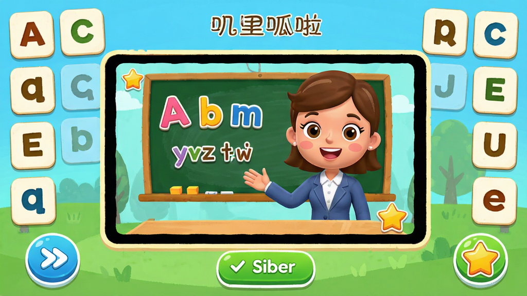 ߴ��������������չʾ������Ϊ��ͨ���Ķ�ͯӢ��ѧϰ����������Ϊ���������ʾ�����γ̻��棬��Χ������ĸ��Ƭ�ͻ�����ť���Ű������죬���Ϊ�������õĶ�ͯ�廭�磬ϸ�ڰ��������ʦ������Ȼƴ����ĸ�����ǽ���ͼ�꣬���ʸ��壬�ɾ����޶���Ԫ��