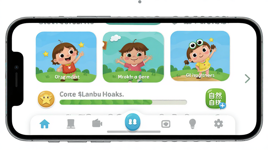 ߴ������Appʹ�ý��棬����Ϊ�ֻ���Ļ��ʾ��ͯӢ��γ���ҳ������Ϊ�����ֻ�չʾ���Ű��Ϸ�Ϊ�γ̿�Ƭ�·�Ϊ�����������Ϊ���¿�ͨ�磬ϸ�ڰ���������ɫ��ѧϰ����������Ȼƴ��ͼ�꣬���ʸ��壬�ɾ����޶���Ԫ��