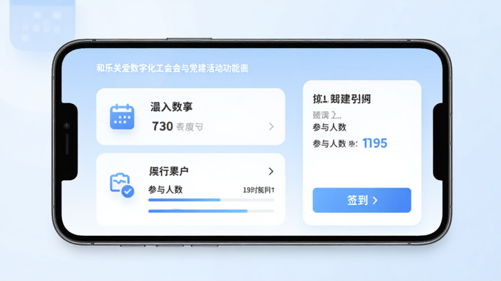 和乐关爱数字化工会与党建活动功能界面,手机屏幕展示活动列表与签到按钮,背景为淡蓝色渐变,布局采用卡片式设计,风格清新商务,细节包含日历图标、参与人数统计与进度条,画质清晰,干净整洁无杂乱元素
