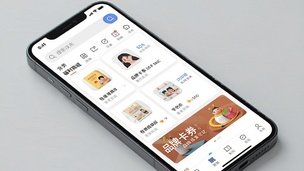 和乐关爱应用主界面展示,手机屏幕中显示福利商城商品列表与品牌卡券专区,界面布局清晰,排版整齐,风格简洁现代,细节包含搜索栏、分类图标与推荐横幅,画质高清,干净无多余元素