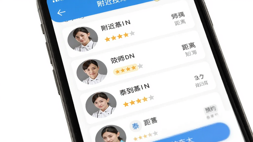 泰到位按摩APP首页界面展示,主体为手机屏幕中显示附近技师列表与预约按钮,布局居中,排版清晰,风格现代简约,细节包含技师头像、评分、距离标签,画质高清,干净,无多余元素